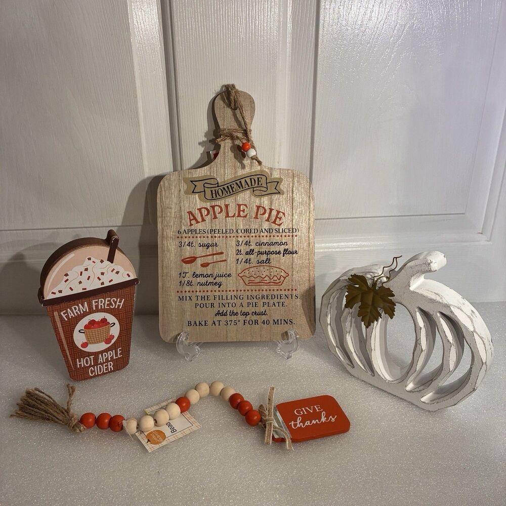 Fall 5 Piece Set Apple Pie Recipe, Wood, White Pumpkin, Hot Cider Block, Swag